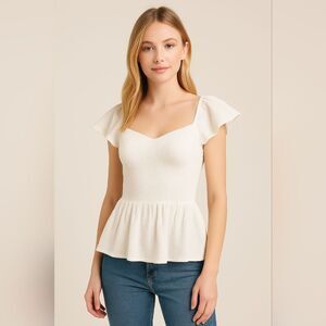 White Smocked Peplum Crop Top XS Flutter Sleeve Cottagecore Tie Back Coquette